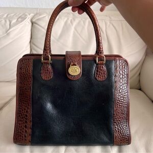 Vintage Brahmin Handbag Black Leather Brown Croc-embossed Gold-tone Hardware